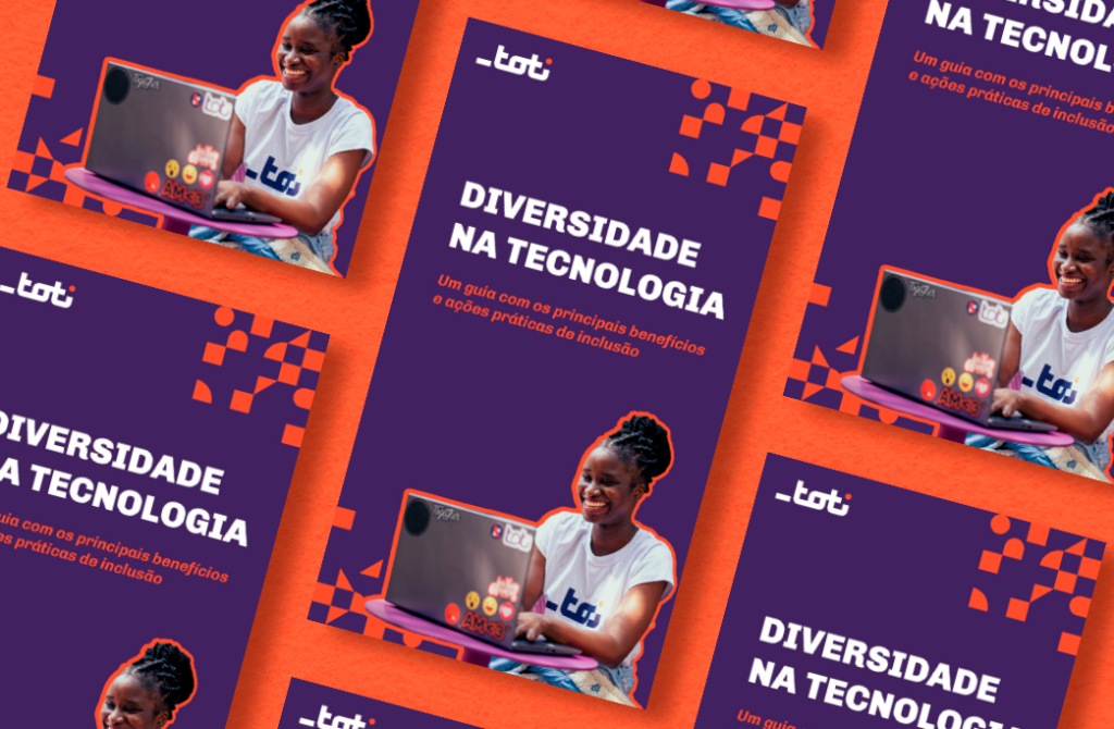 A imagem mostra um design promocional para um folheto da Toti focado em "Diversidade na Tecnologia". O fundo é predominantemente roxo com detalhes gráficos laranjas. O texto principal em destaque anuncia "Diversidade na Tecnologia", seguido de um subtítulo explicando que se trata de um guia com os principais benefícios e ações práticas de inclusão. Há várias instâncias de uma foto de uma mulher sorridente usando uma camiseta branca e trabalhando em um laptop, dando um toque pessoal e alegre ao material.