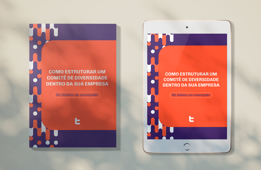 ivro e tablet exibindo a capa "Como Estruturar um Comitê de Diversidade Dentro da Sua Empresa", com design em laranja e roxo, destacando a importância da inclusão e diversidade no ambiente corporativo.