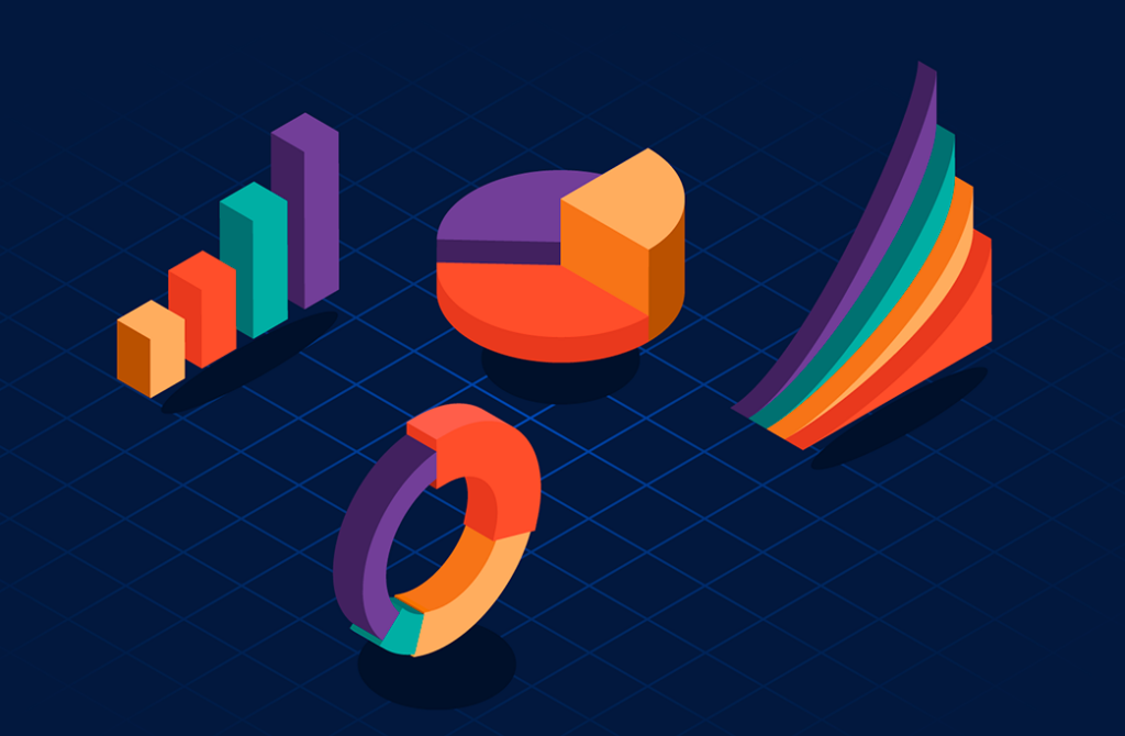 A imagem exibe uma série de gráficos coloridos em 3D sobre um fundo azul escuro com grade. Inclui um gráfico de barras verticais em tons de roxo, verde, laranja e azul, um gráfico de pizza segmentado em vermelho, laranja, amarelo e roxo, um gráfico circular em arco em laranja e vermelho, e uma pilha de fatias em meia-lua coloridas, ideal para apresentações de dados em relatórios de negócios.